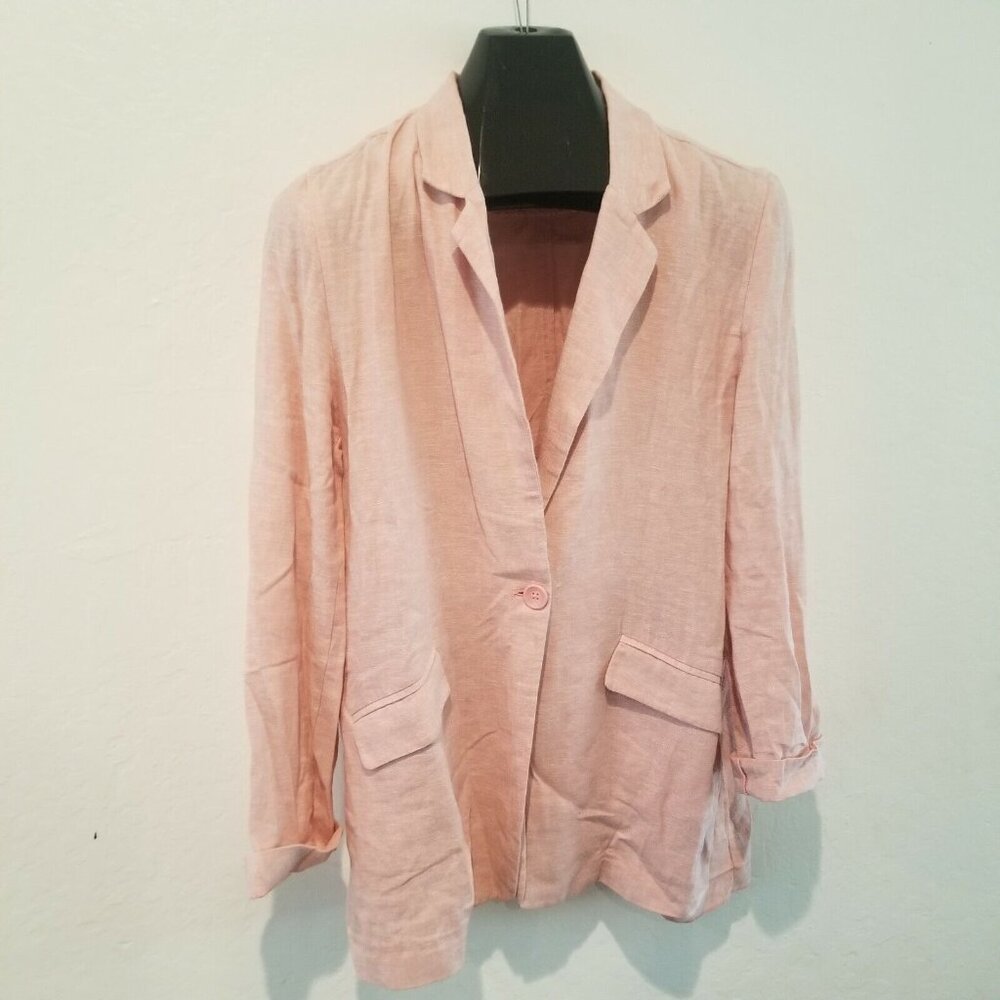 Abound Jacket Womens Medium Long Sleeve One-Button Blazer Linen Blend Pink